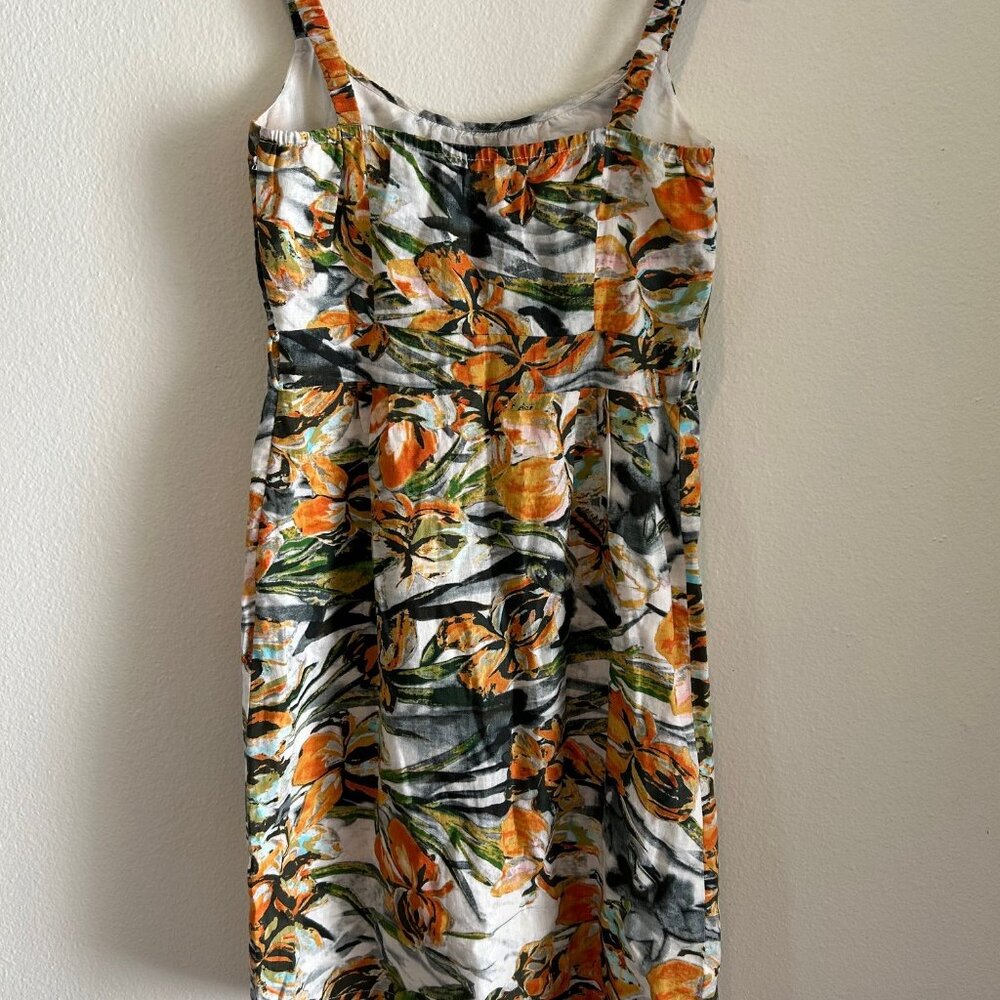 Floral Linen Midi Dress L Square Neck Sleeveless Belted Euro Summer Vacation - Picture 7 of 9